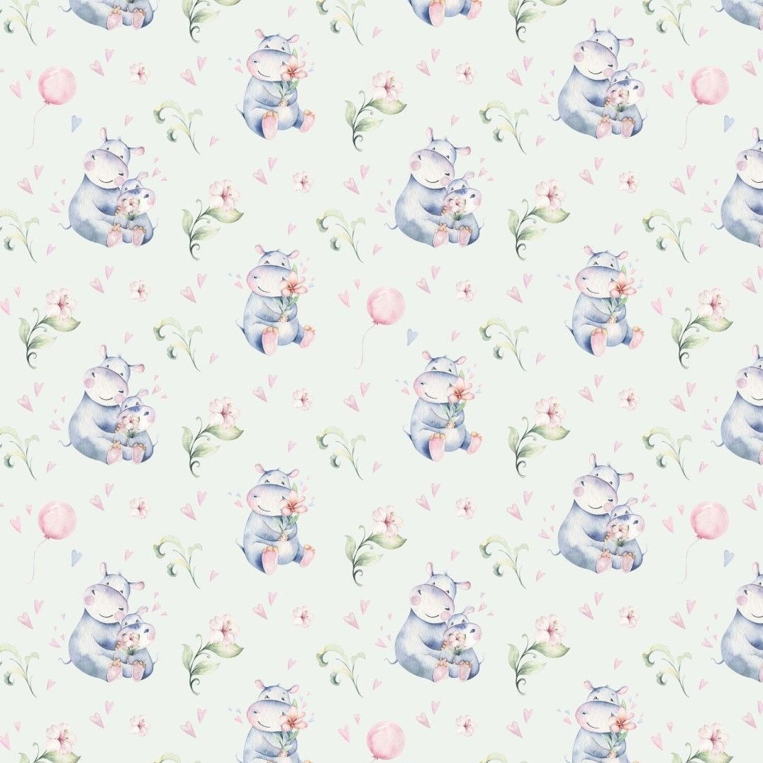 Bomulls Poplin - Cute Hippo Off White