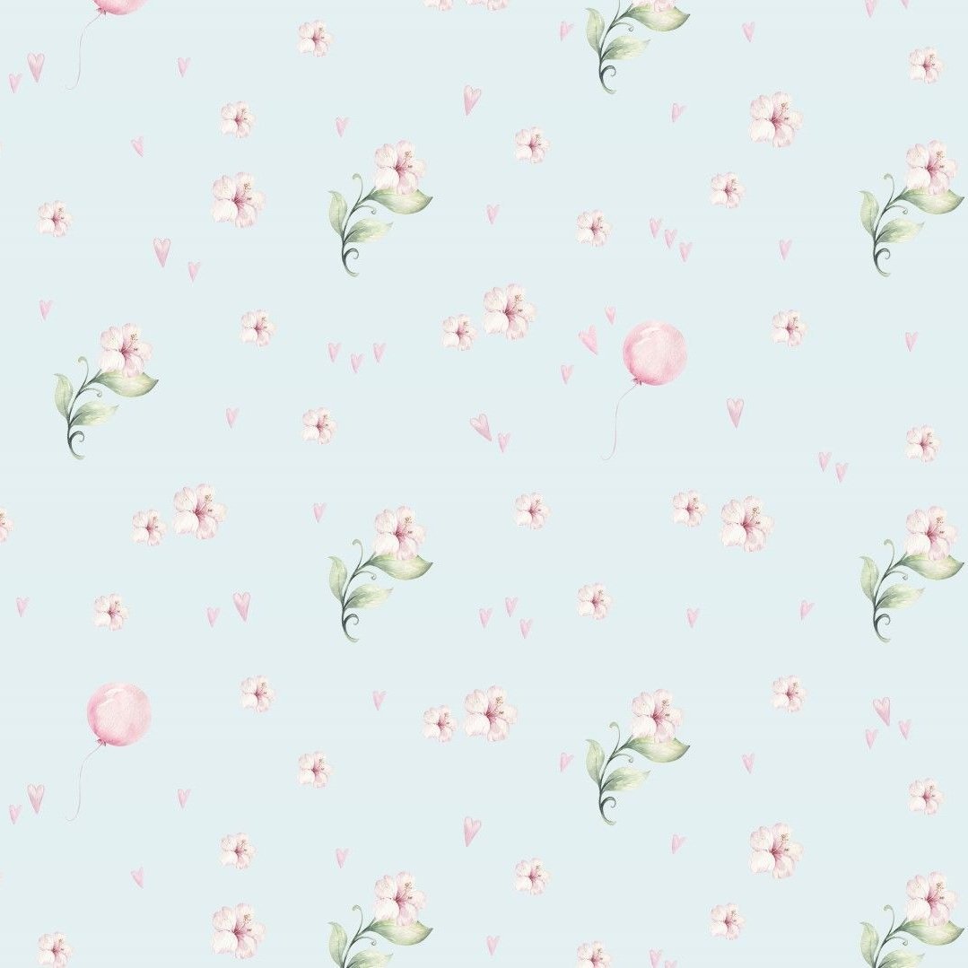 Bomulls Poplin - Flowers & Baloons light blue