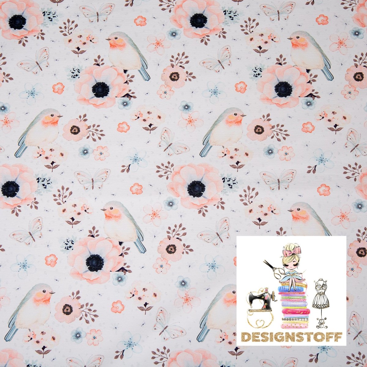 French Terry - Birds & Flowers - White