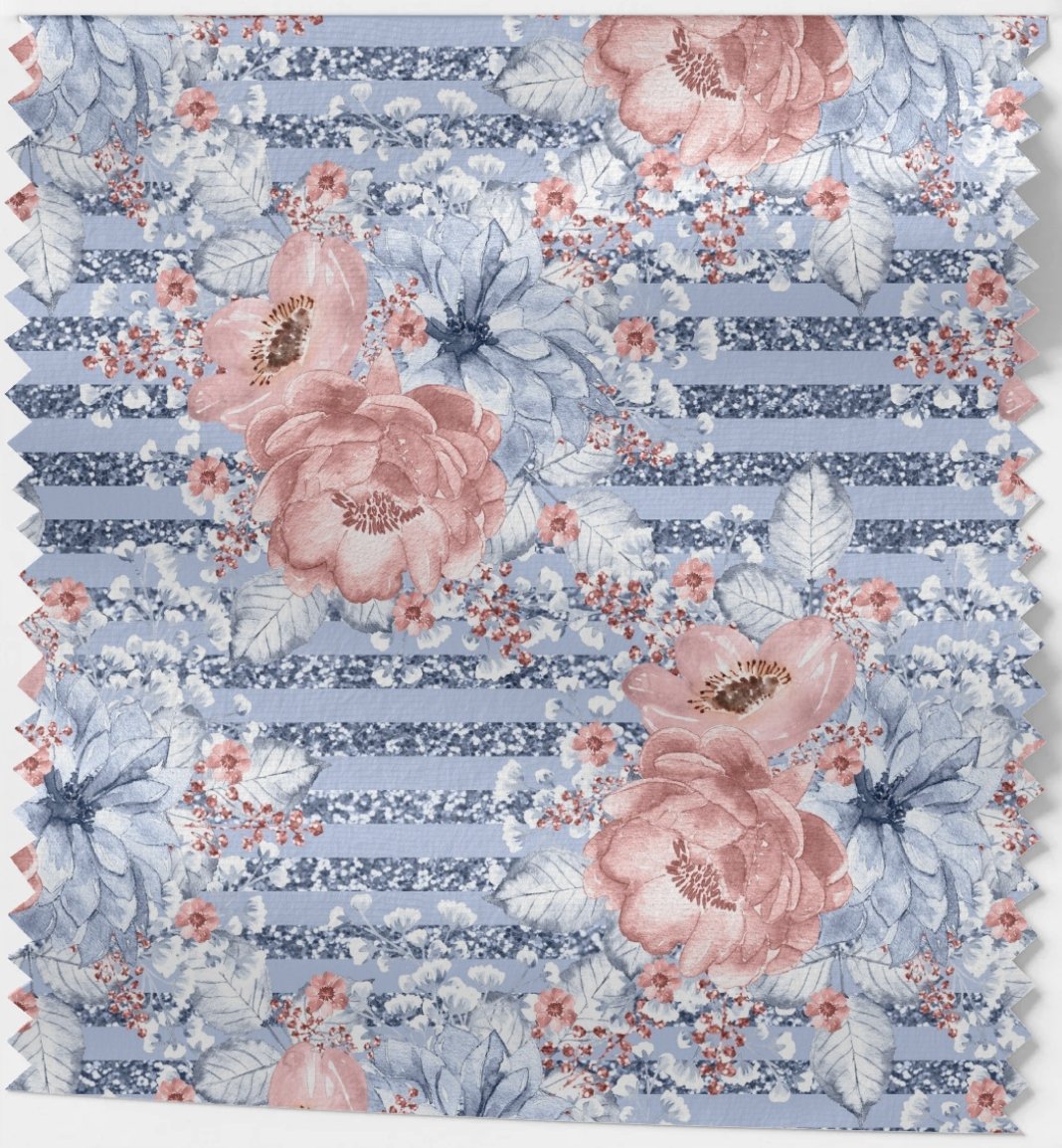 Glitter stripes blue with Pink Flowers - French Terry