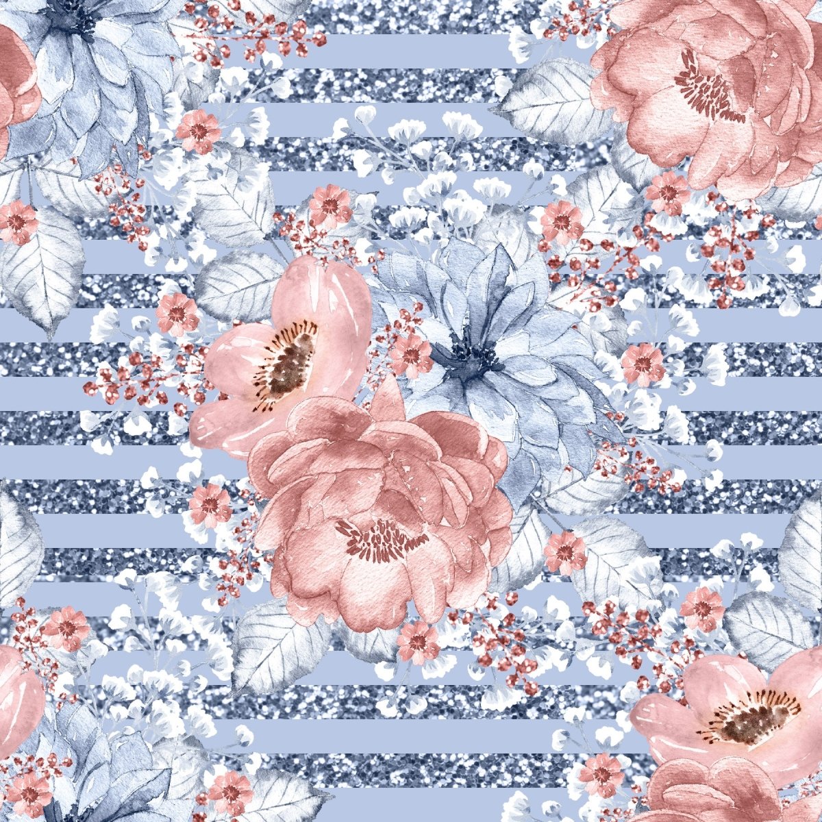 Glitter stripes blue with Pink Flowers - French Terry