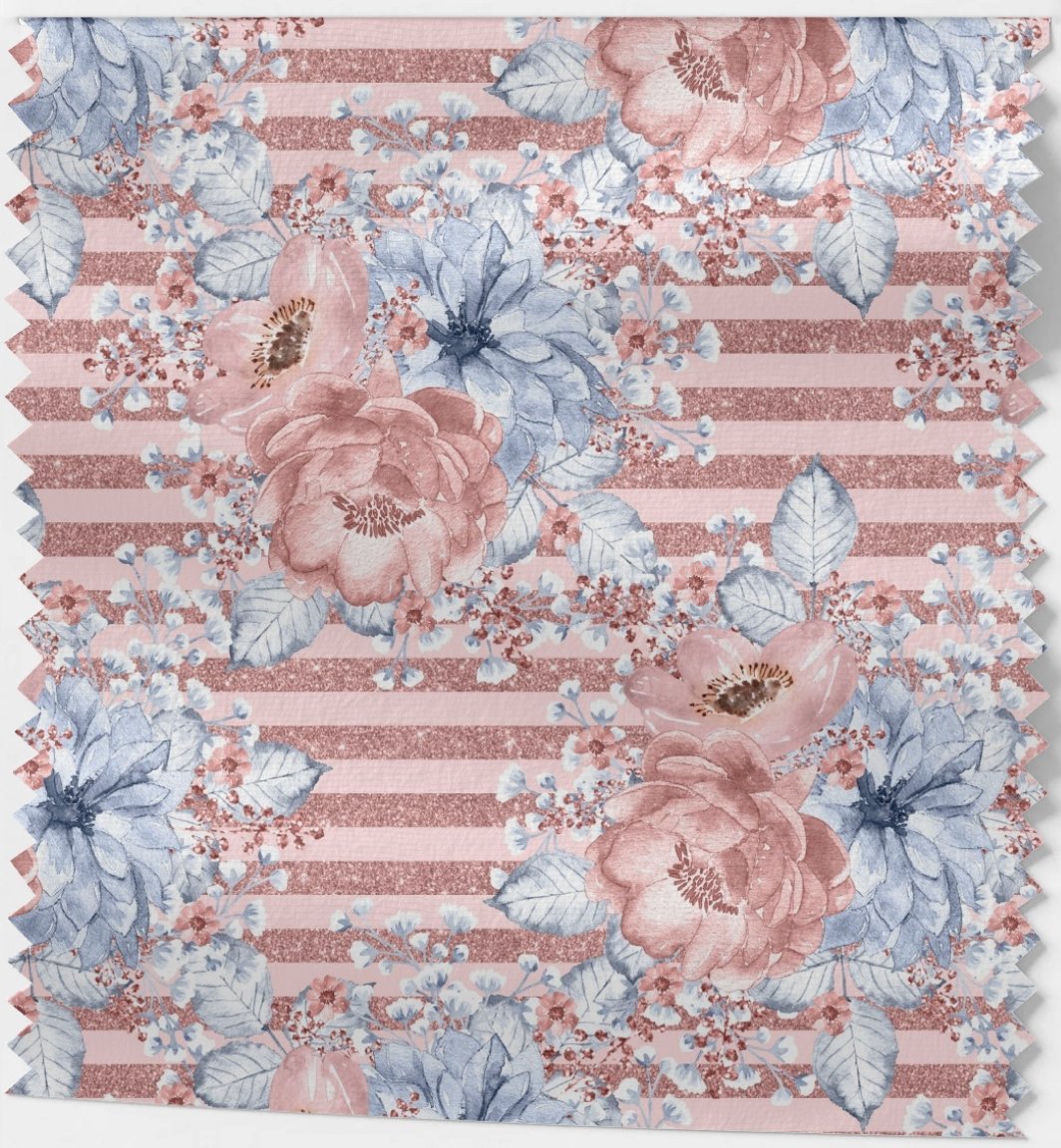 Glitter stripes Pink with Flowers - French Terry