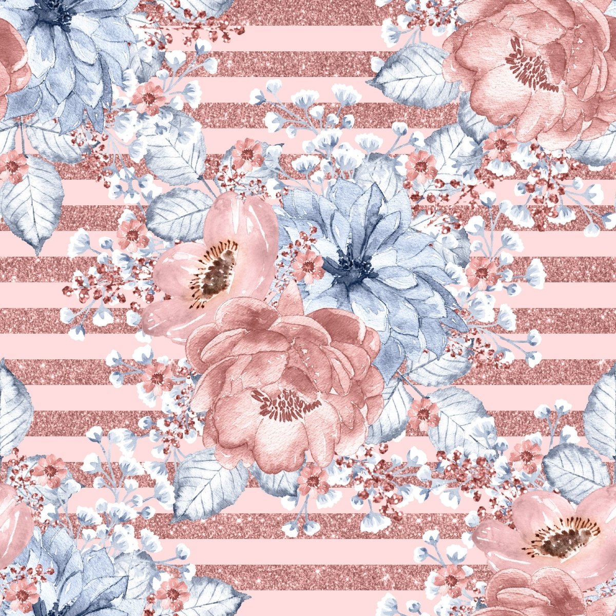 Glitter stripes Pink with Flowers - French Terry