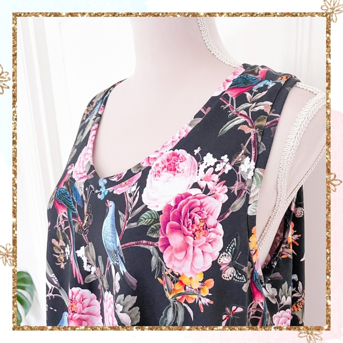 JERSEY - BIRDS & FLOWERS BLACK