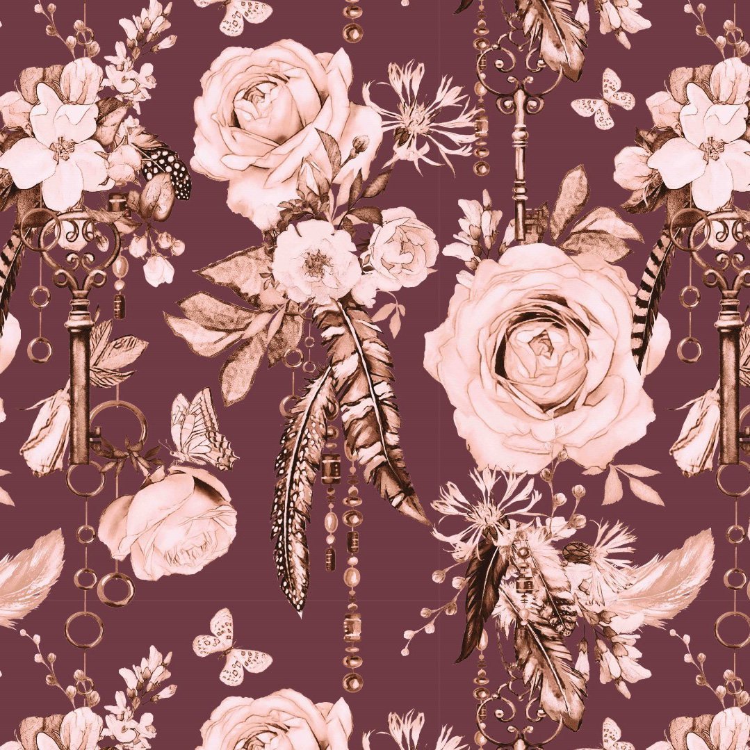 Jersey - Roses & Feathers - Dark Bordeaux