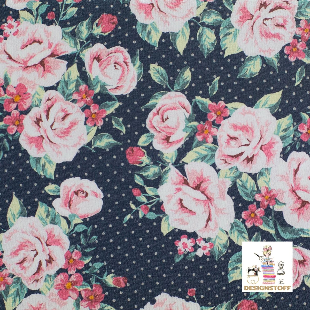 JERSEY - SUMMER ROSES - BLUE WITH DOTS