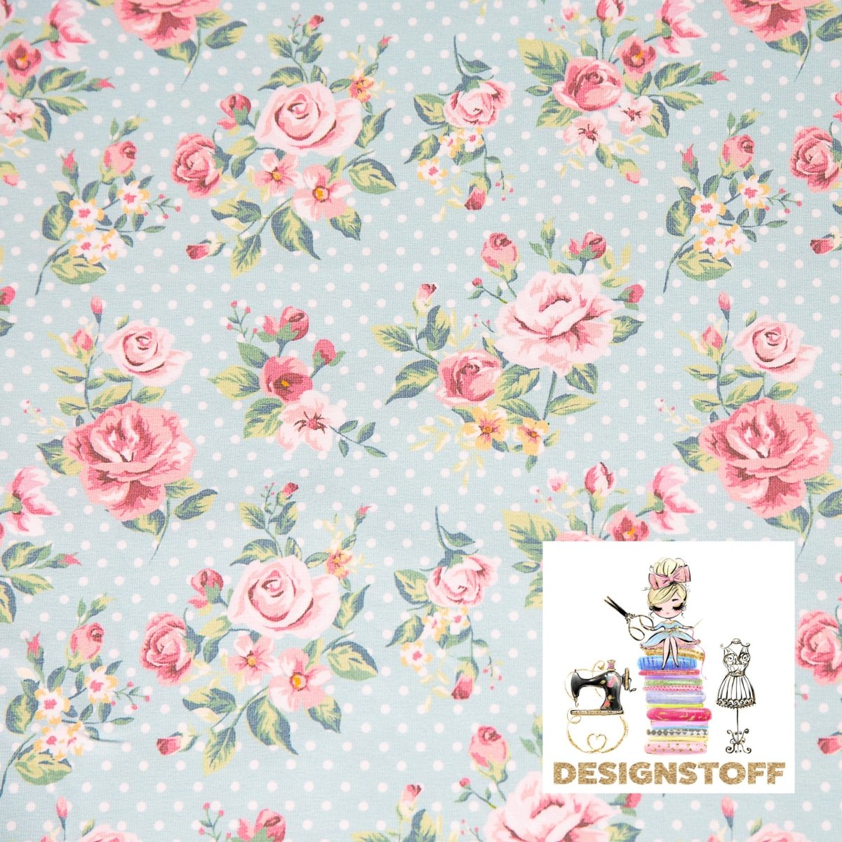 JERSEY - SUMMER ROSES - MINT GREEN WITH DOTS