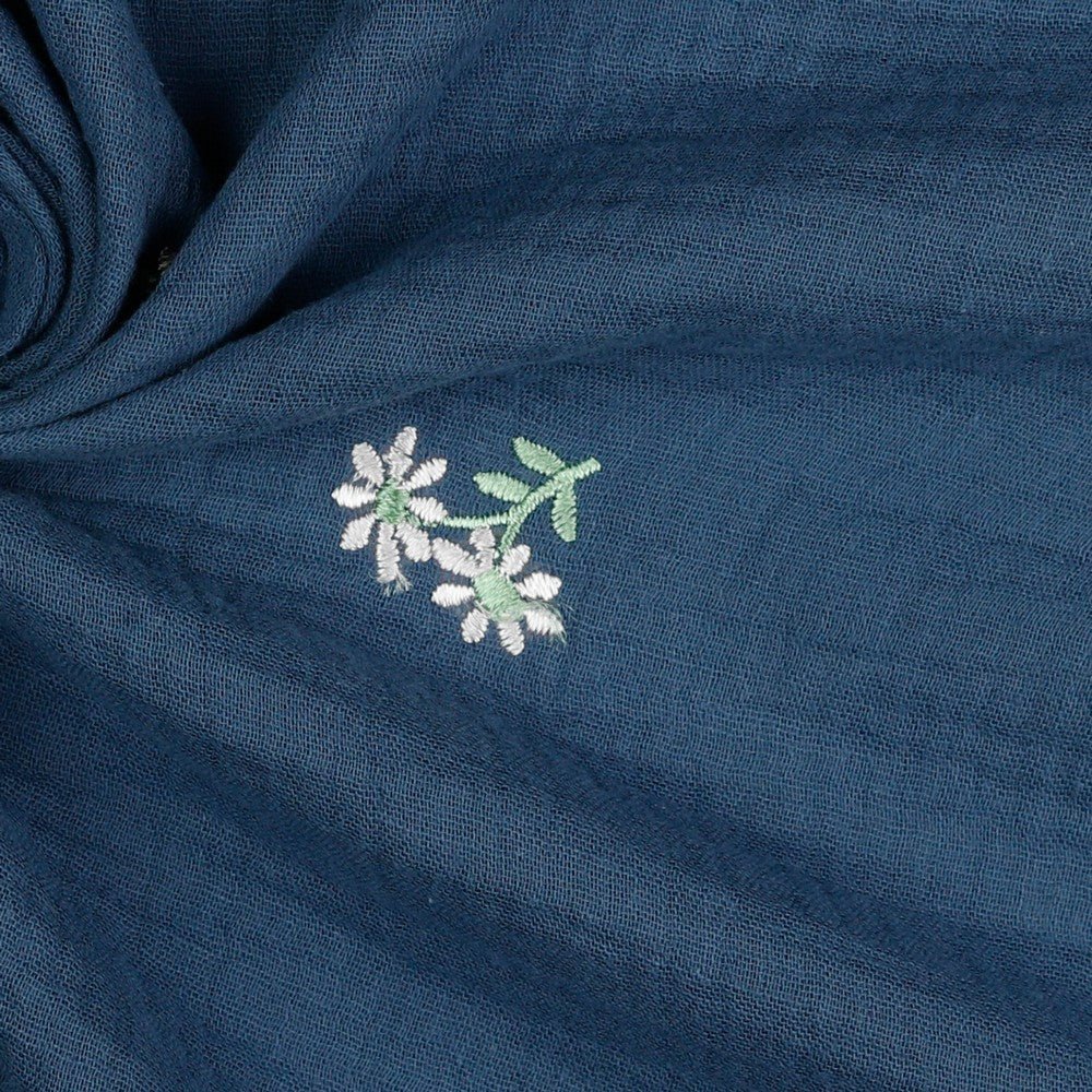 Musselin - Double Gauze Embroidery Flowers - blue