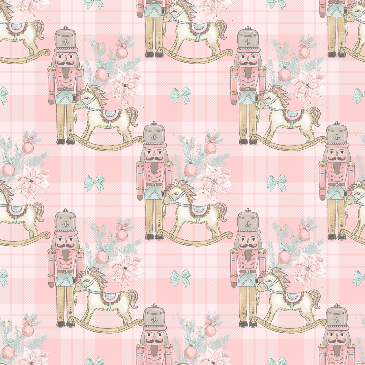 Nutcracker & Rocking Horse Pink plaid - French Terry