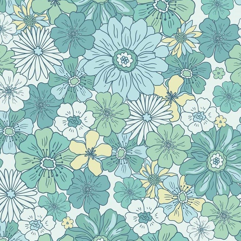 Waffle Jersey Printed - Retro flowers - Light Mint