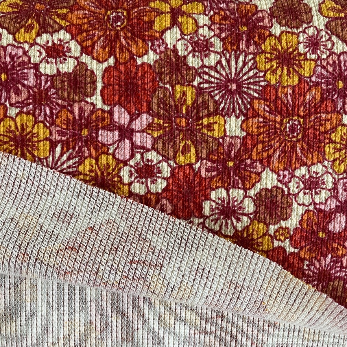 Waffle Jersey Printed - Retro flowers - Light Rose