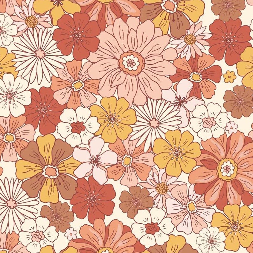 Waffle Jersey Printed - Retro flowers - Light Rose