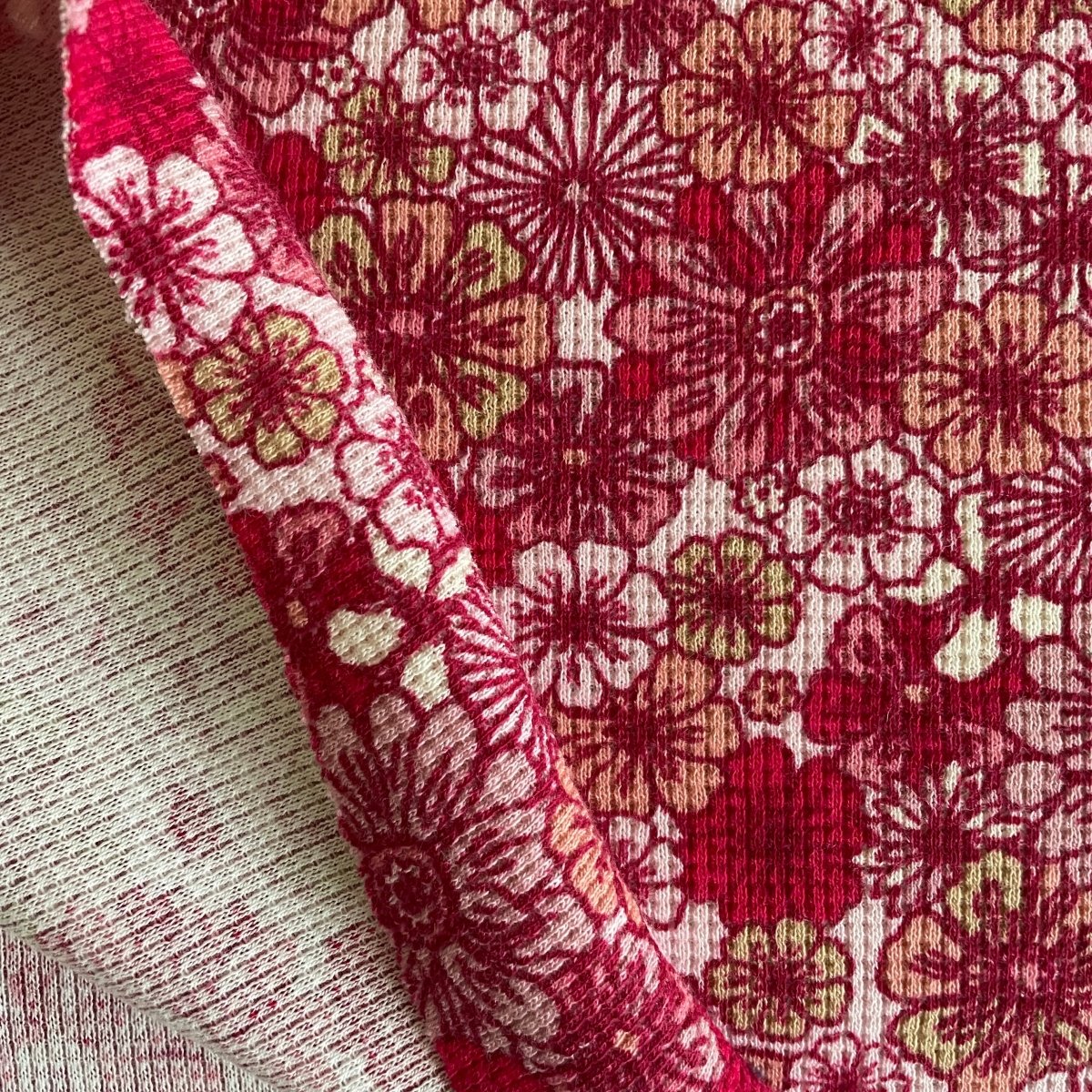 Waffle Jersey Printed - Retro flowers - Light Rose