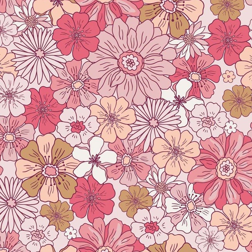 Waffle Jersey Printed - Retro flowers - Light Rose