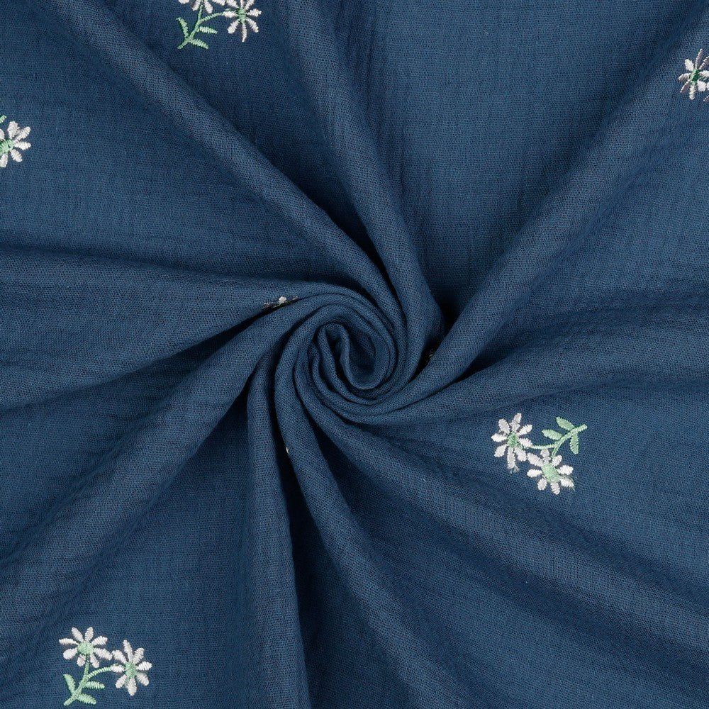 Musselin - Double Gauze Embroidery Flowers - blue