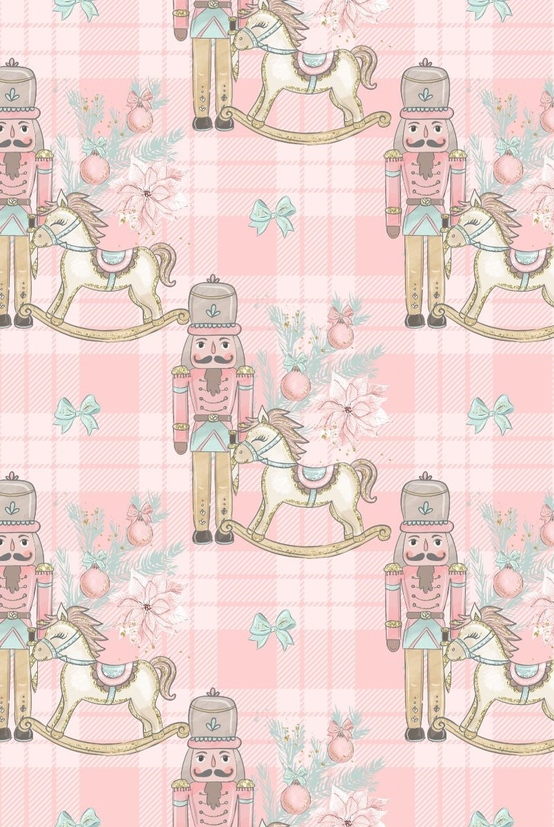 Nutcracker & Rocking Horse Pink plaid - French Terry