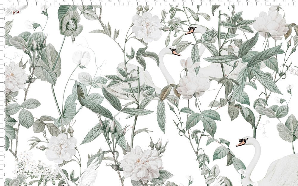 Swans white & green vevd bomull - STOFFREST PÅ CA 1,40 METER